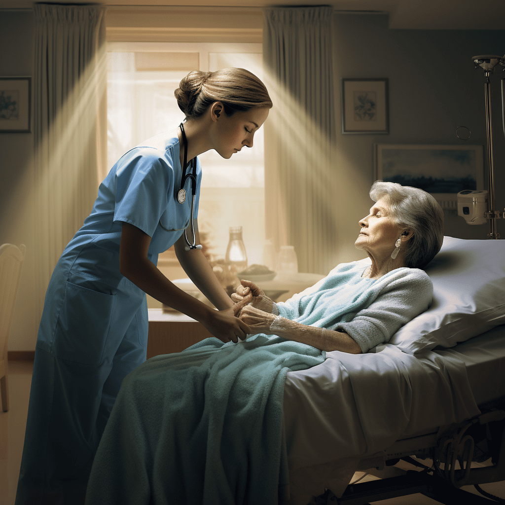 A compassionate nurse in a hospital setting assisting a patient suffering from respiratory distress, emphasizing the human impact of poor air quality